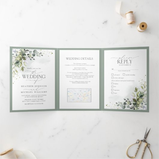 Botanische groen Waterverf maalt bruiloft Drieluik Uitnodiging (Binnen)