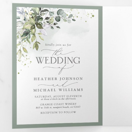 Botanische groen Waterverf maalt bruiloft Drieluik Uitnodiging (Binnenzijde eerst)