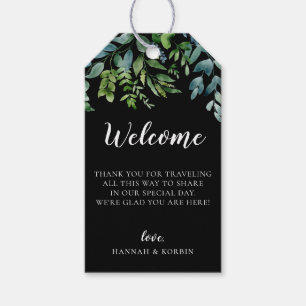 Botanische groen zwart bruiloft welkomsttas cadeaulabel