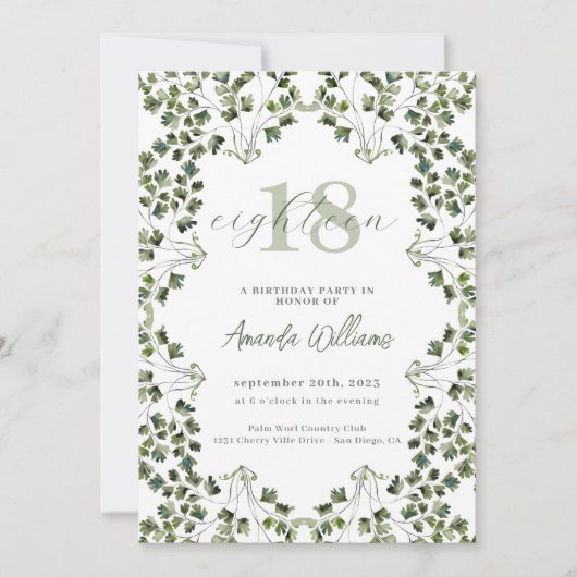 Botanische Groene 18e Verjaardag Uitnodiging (Voorkant)