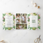 Botanische groene appelboomgaard QR code bruiloft Drieluik Uitnodiging (Binnen)