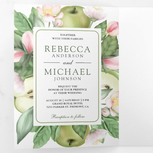 Botanische groene appelboomgaard QR code bruiloft Drieluik Uitnodiging (Binnenzijde eerst)