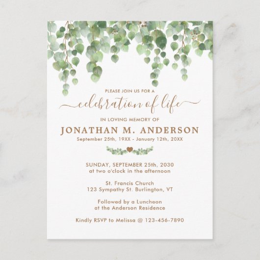 Botanische groene begrafenisviering van het leven uitnodiging briefkaart (Voorkant)