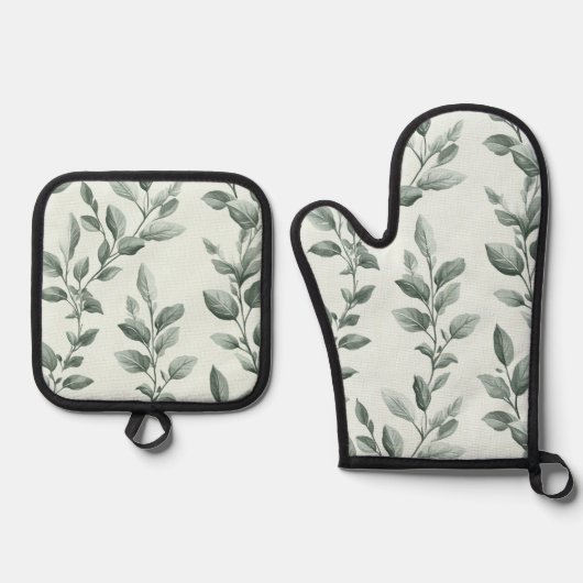 Botanische groene blad patroon keuken ovenwant & pannenlap set (Voorkant)