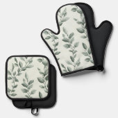 Botanische groene blad patroon keuken ovenwant & pannenlap set (Voorkant / Achterkant)