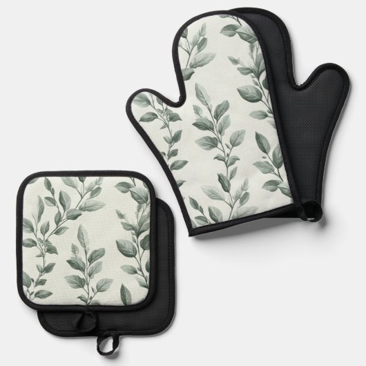 Botanische groene blad patroon keuken ovenwant & pannenlap set (Voorkant / Achterkant)
