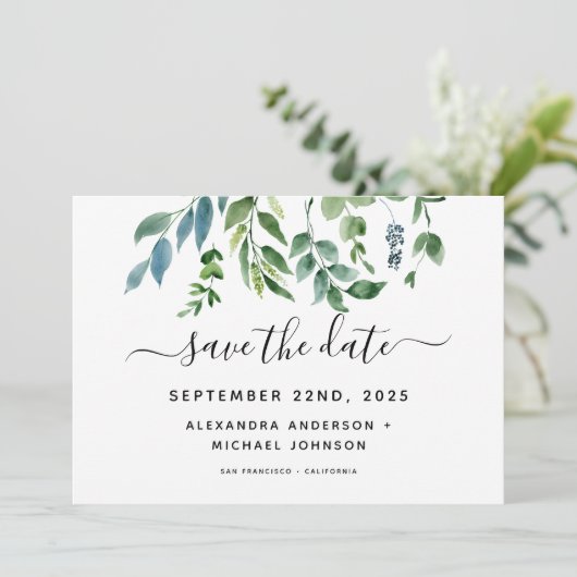 Botanische Groene Blad Waterverf Trouwfeest Save The Date (Staand voorkant)