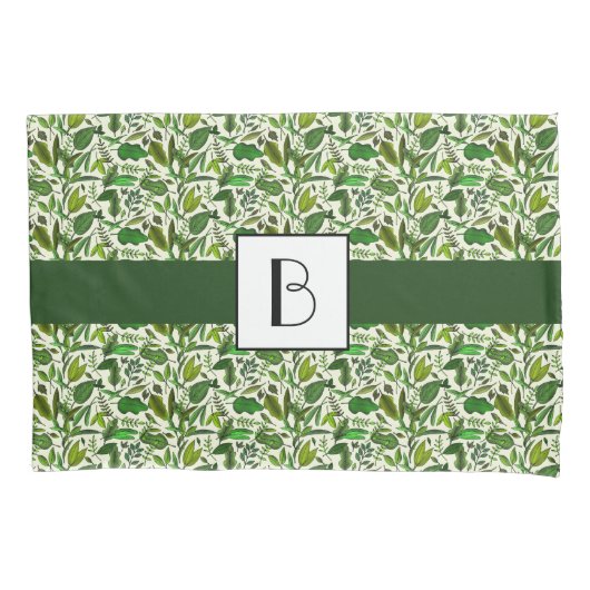 Botanische groene bladeren bladpatroon met monogra kussensloop (Voorkant)
