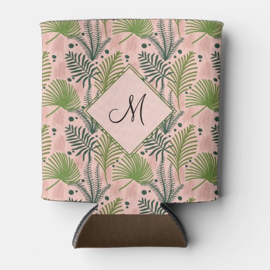 Botanische groene bladeren en monogram roze blikjeskoeler (Voorkant)