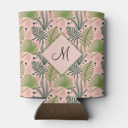Botanische groene bladeren en monogram roze blikjeskoeler (Achterkant)
