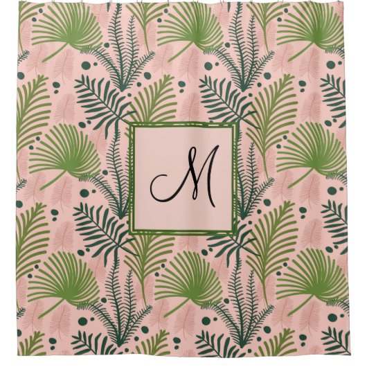 Botanische groene bladeren en monogram roze douchegordijn (Voorkant)