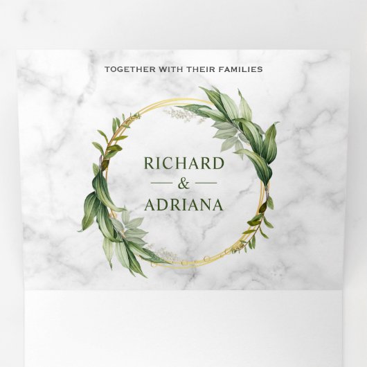 Botanische groene bladeren krans wit marmer bruilo drieluik uitnodiging (Binnenzijde eerst)