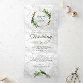 Botanische groene bladeren krans wit marmer bruilo drieluik uitnodiging (Binnen)