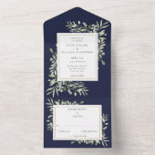 Botanische groene bladeren Navyblauw bruiloft All In One Uitnodiging (Binnen)