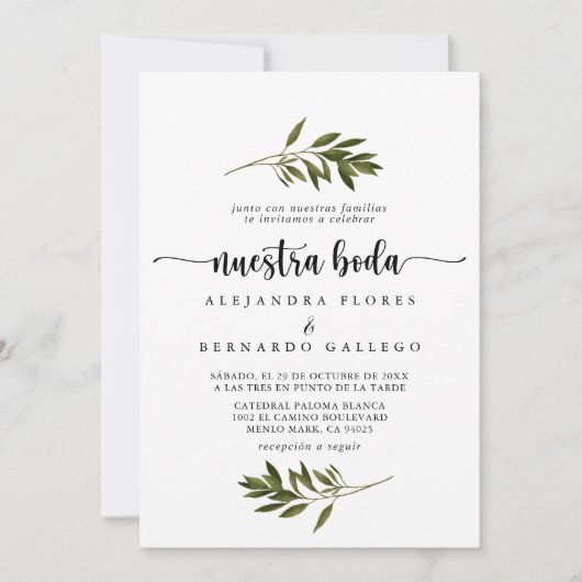 Botanische groene bladeren Nuestra Boda Kaart (Voorkant)