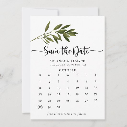 Botanische groene bladeren Sparen de Kalender van Save The Date (Voorkant)