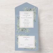 Botanische groene bladeren stoffig blauwe trouw all in one uitnodiging (Binnen)