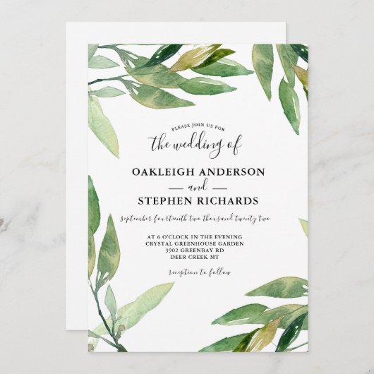 Botanische groene bladeren Waterverf bruiloft Kaart (Voorkant / Achterkant)