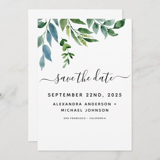 Botanische groene bladgroente waterverf bruiloft save the date (Voorkant / Achterkant)