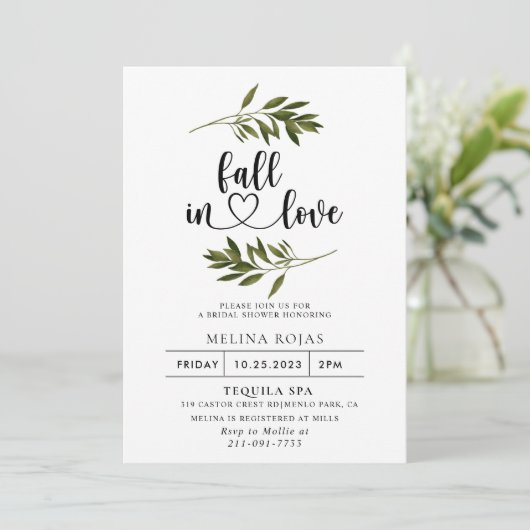 Botanische groene bladval in Love Bruidsuitnodigin Kaart (Staand voorkant)