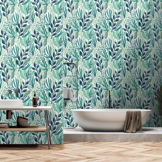 Botanische groene blauwe bladeren behang (Badkamer)