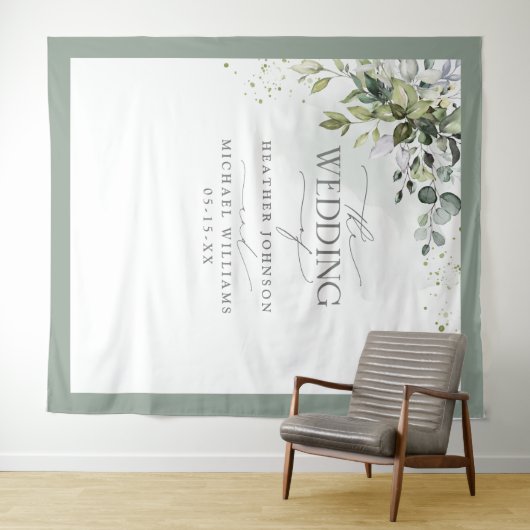 Botanische Groene Bloemige Aquarel Trouwfoto Wandkleed (In Situ (horizontaal))