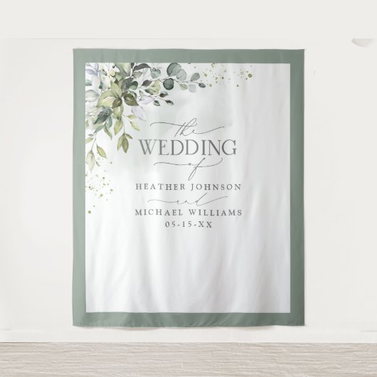 Botanische Groene Bloemige Aquarel Trouwfoto Wandkleed (Voorkant)