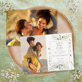 Botanische Groene Bloemstuk 2 Foto's Trouwdag Save The Date