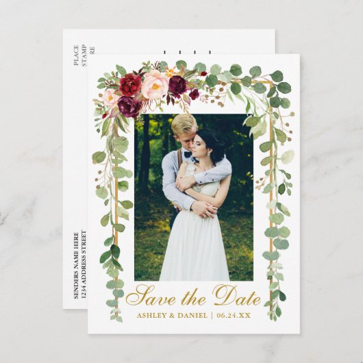 Botanische groene Bourgogne Bloemen Bewaar de datu Aankondigingskaart (Voorkant / Achterkant)