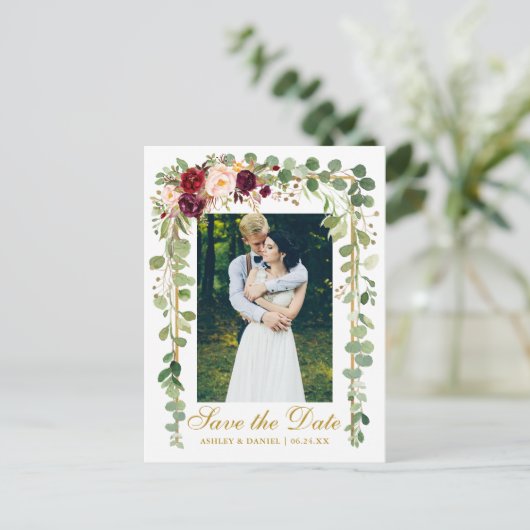 Botanische groene Bourgogne Bloemen Bewaar de datu Aankondigingskaart (Staand voorkant)