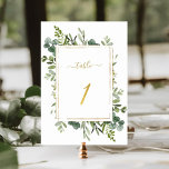 Botanische groene bruiloft Gold Glitter Number 1, Kaart<br><div class="desc">Tabel 1. Controleer alle beschikbare nummers. | Het nummer van deze trouwlijst bevat geschilderde waterverf eucalyptus greenery en groene bladeren met een faux goudglitter rechthoekig lijst,  tekst en nummer. Voor meer geavanceerde aanpassing van dit ontwerp,  te klikken gelieve de BUTTON van het TOOL VAN HET ONTWERP BLAUW hierboven!</div>