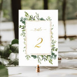 Botanische groene bruiloft Gold Glitter Number 2, Kaart<br><div class="desc">Tabel 2. Controleer alle beschikbare nummers. | Het nummer van deze trouwlijst bevat geschilderde waterverf eucalyptus greenery en groene bladeren met een faux goudglitter rechthoekig lijst,  tekst en nummer. Voor meer geavanceerde aanpassing van dit ontwerp,  te klikken gelieve de BUTTON van het TOOL VAN HET ONTWERP BLAUW hierboven!</div>