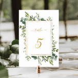 Botanische groene bruiloft Gold Glitter Number 5, Kaart<br><div class="desc">Tabel 5. Controleer alle beschikbare nummers. | Het nummer van deze trouwlijst bevat geschilderde waterverf eucalyptus greenery en groene bladeren met een faux goudglitter rechthoekig lijst,  tekst en nummer. Voor meer geavanceerde aanpassing van dit ontwerp,  te klikken gelieve de BUTTON van het TOOL VAN HET ONTWERP BLAUW hierboven!</div>