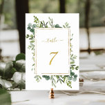 Botanische groene bruiloft Gold Glitter Number 7, Kaart<br><div class="desc">Tabel 7. Controleer alle beschikbare nummers. | Het nummer van deze trouwlijst bevat geschilderde waterverf eucalyptus greenery en groene bladeren met een faux goudglitter rechthoekig lijst,  tekst en nummer. Voor meer geavanceerde aanpassing van dit ontwerp,  te klikken gelieve de BUTTON van het TOOL VAN HET ONTWERP BLAUW hierboven!</div>