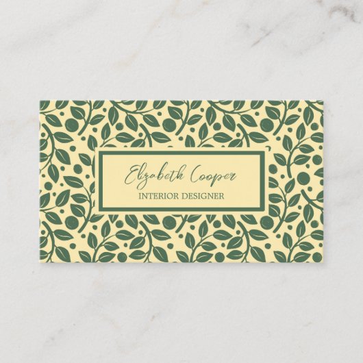 Botanische groene en crèmekleurige lederen patroon visitekaartje (Voorkant)