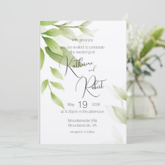 Botanische groene flat bruiloft uitnodiging (Staand voorkant)