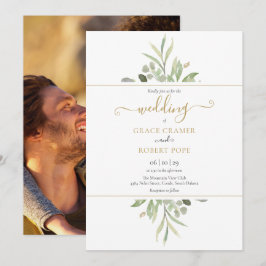 Botanische Groene Foto Gouden Script Bruiloft Kaart