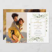 Botanische groene foto's gouden script bruiloft kaart (Voorkant / Achterkant)