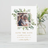Botanische groene gouden trouwfoto Save the Date (Staand voorkant)