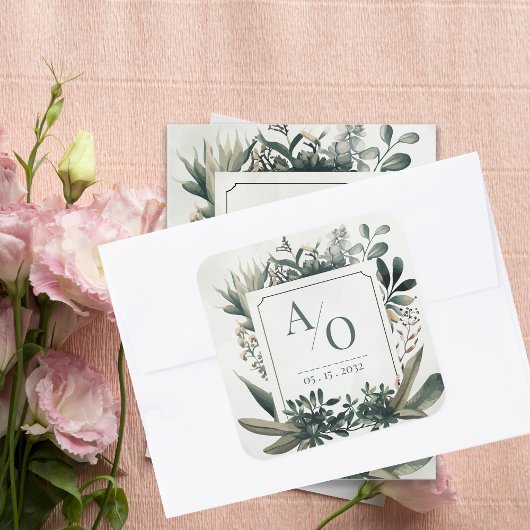 Botanische Groene Huwelijksmonogram Vierkante Sticker
