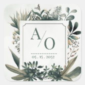 Botanische Groene Huwelijksmonogram Vierkante Sticker (Voorkant)