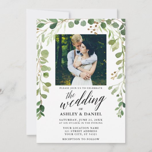 Botanische groene kalligrafie Fotobruiloft Kaart (Voorkant)