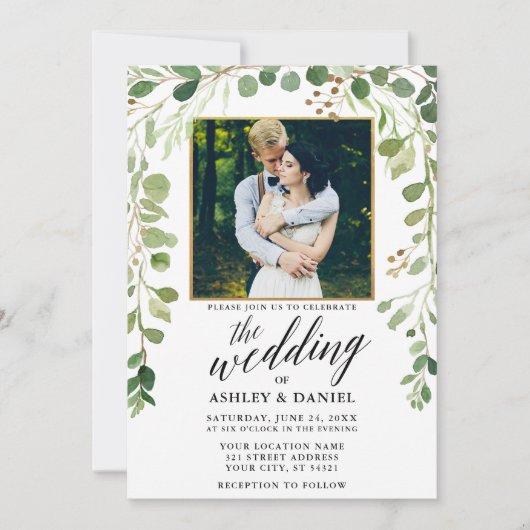 Botanische groene kalligrafie Gold Lijst Wedding Kaart (Voorkant)