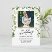 Botanische groene kalligrafie Gold Lijst Wedding Kaart (Staand voorkant)