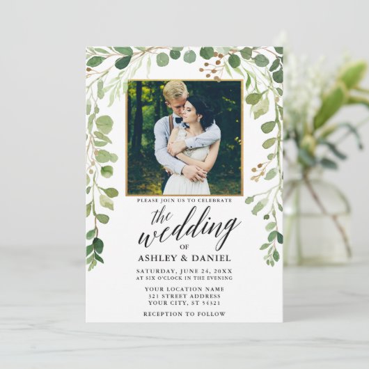 Botanische groene kalligrafie Gold Lijst Wedding Kaart (Staand voorkant)