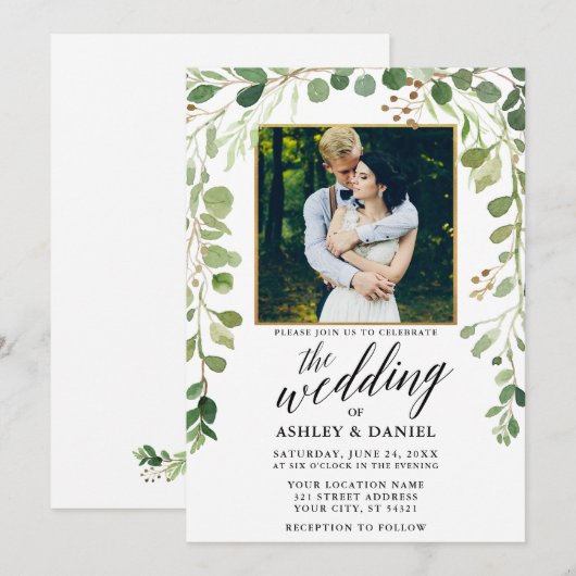 Botanische groene kalligrafie Gold Lijst Wedding Kaart (Voorkant / Achterkant)