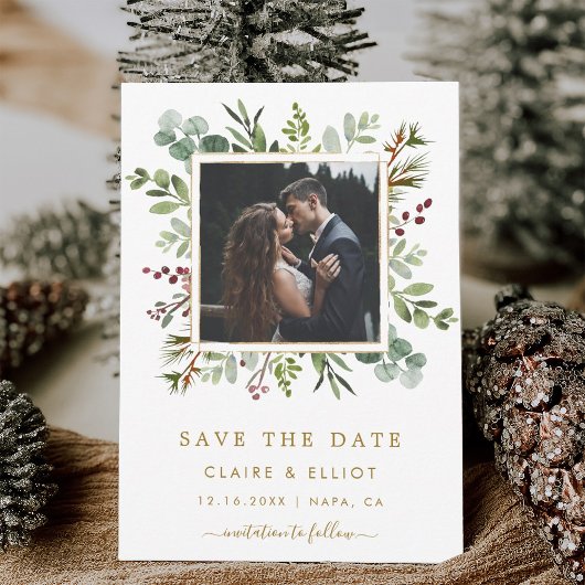 Botanische groene kerst gouden bruiloft foto save the date