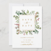 Botanische Groene Kerst Mis Huwelijk Goud Save The Date (Voorkant)