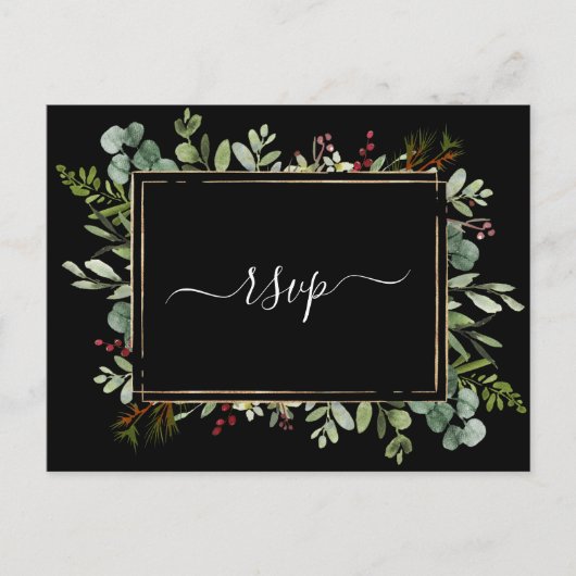 Botanische groene kerstbruiloft Black RSVP Uitnodiging Briefkaart (Voorkant)