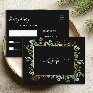 Botanische groene kerstbruiloft Black RSVP Uitnodiging Briefkaart